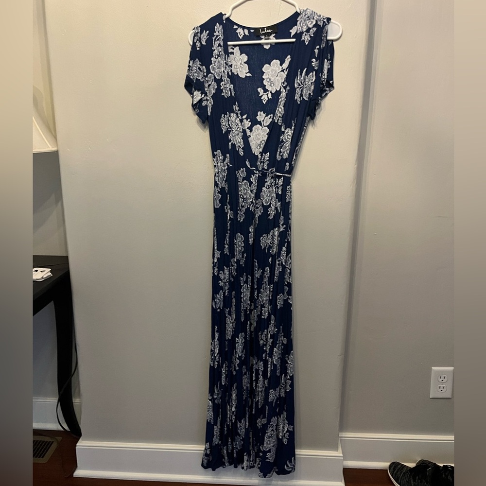 Lulus Heart Of Marigold Navy Blue Floral Print Wrap Maxi Dress - Size Small - Picture 2 of 6
